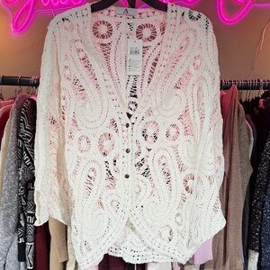 Boho Button-Front Poncho Sweater - White